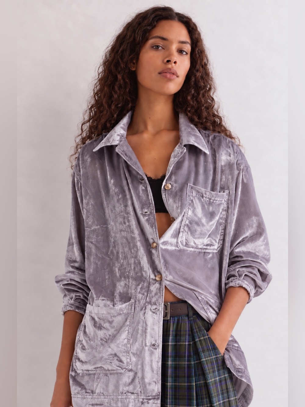 We The Free Off Duty Velvet Shirt in Silver Gray